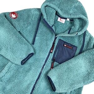 Vtg Canada Weathergear Women Fleece Jacket 2X Teal Blue Sherpa Hooded Zip Pocket